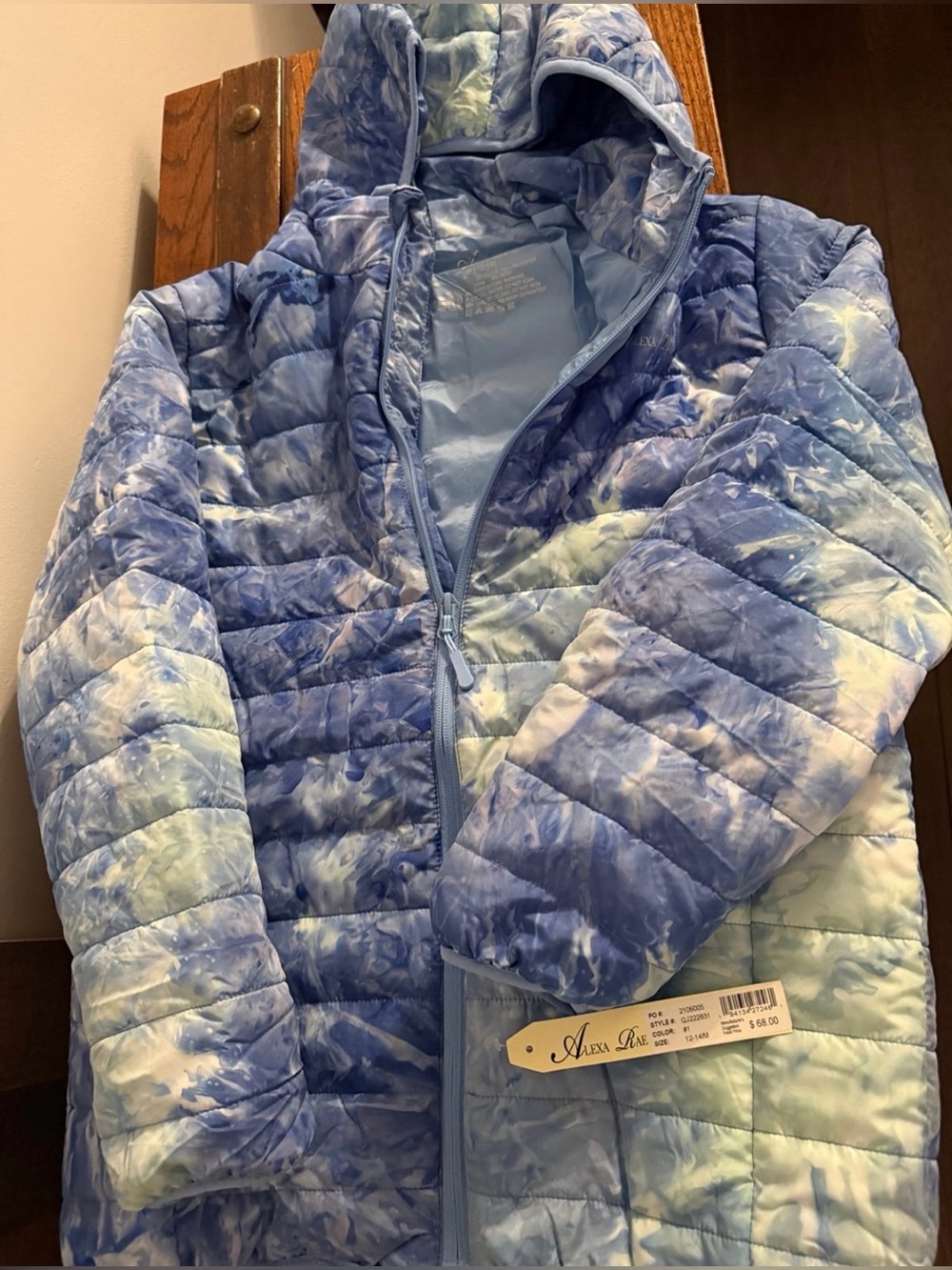 Girls' Tie-Dye Light Blue Hooded Puffer Jacket